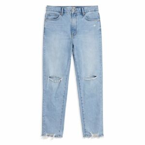 Good American Distressed Straight Leg Jeans 10/30 Light Wash Raw‎ Hem